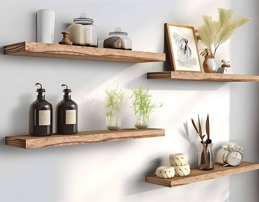PHPH 24 Inch Wood Floating Shelves for Wall, Wooden Wall Shelves for Bedroom, Set of 4 Light Brow... | Amazon (US)