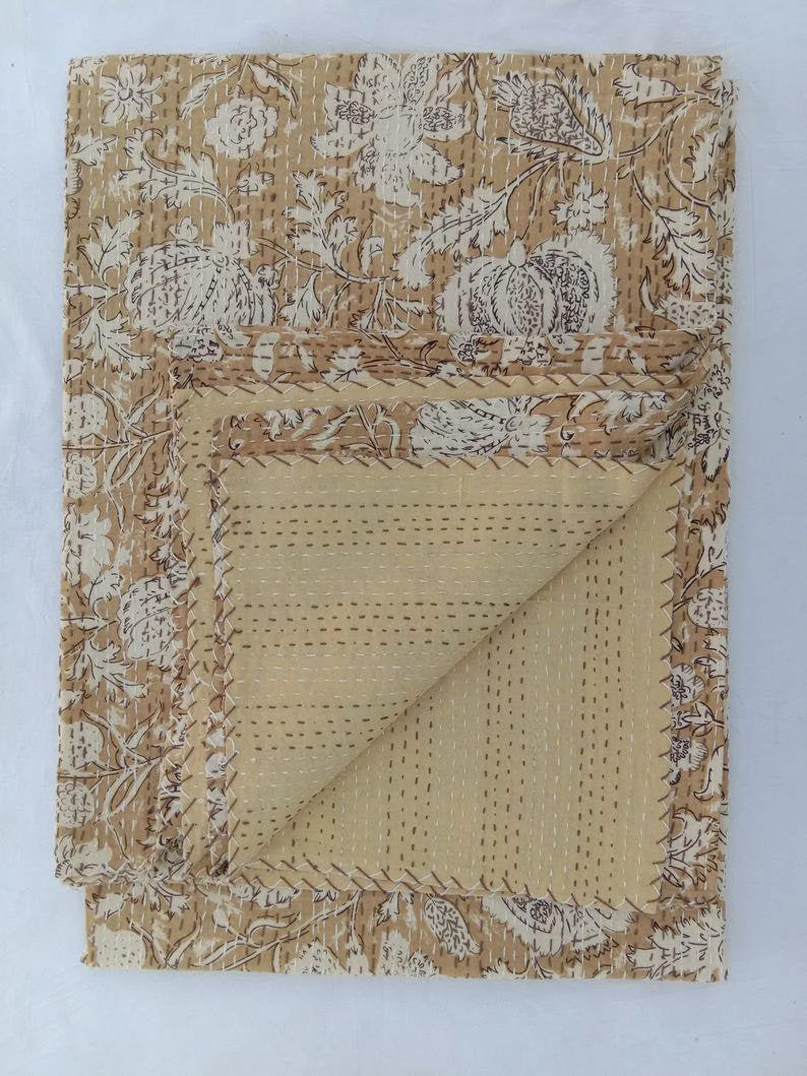 Floral Block Print Cotton Kantha Quilt Gudri Reversible Throw Ralli Bedspread Bedding Cotton Kant... | Etsy (US)