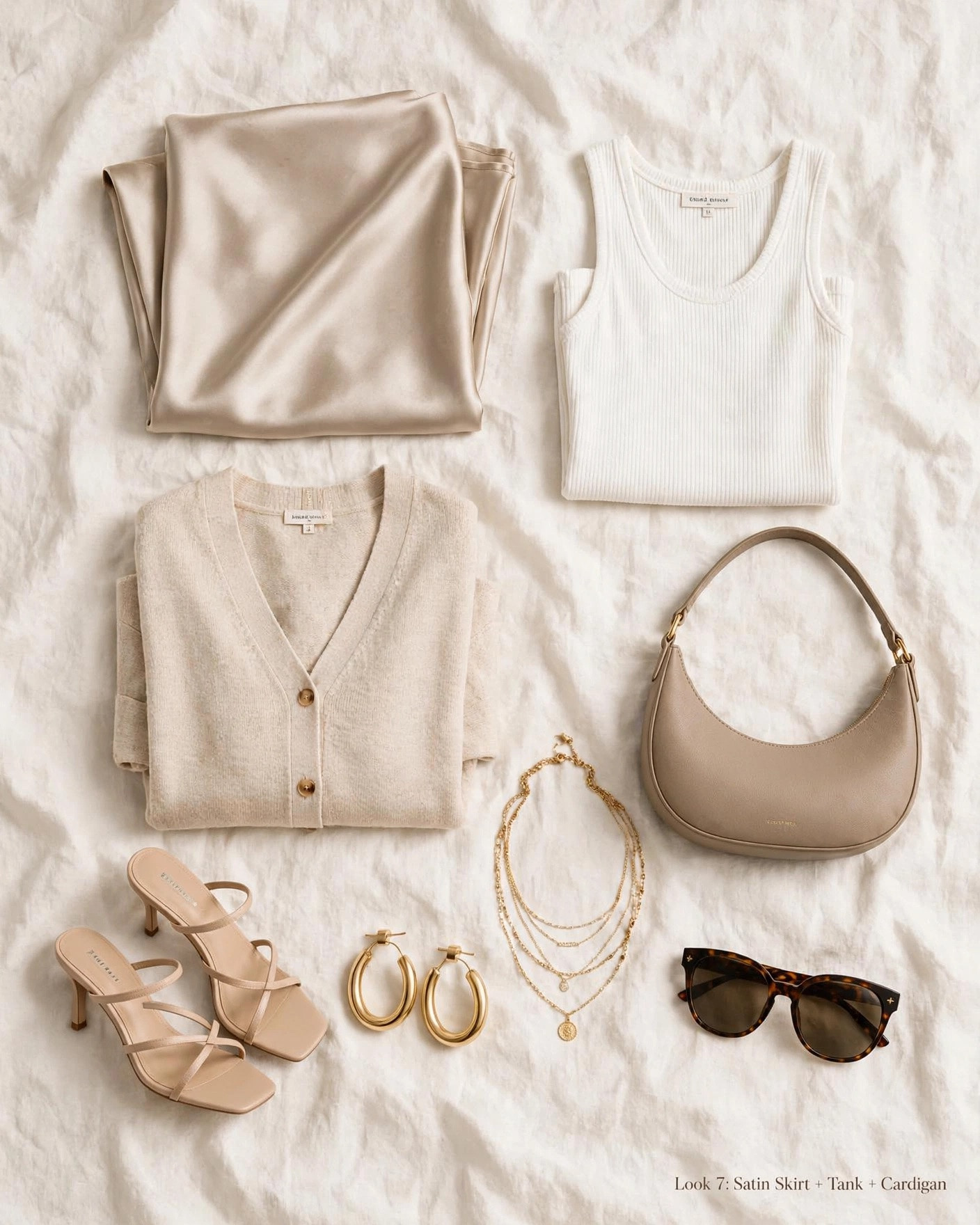 Skirt season doesn't end. Champagne satin midi skirt + white ribbed tank + beige cardigan + lightweight trench draped. Nude strappy sandals. Perfect for when you don't know what the weather will do.
@Quince @Madewell @jcrew @Boden (US)

#LTKOver40 #LTKgrwm #LTKootd