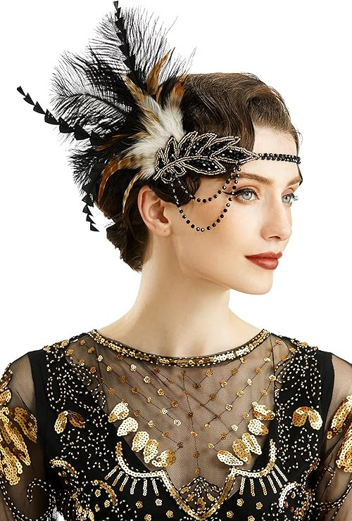 BABEYOND 1920s Headpiece Flapper Headband - Roaring 20's Sequined Showgirl Hair Band with Feather | Amazon (US)