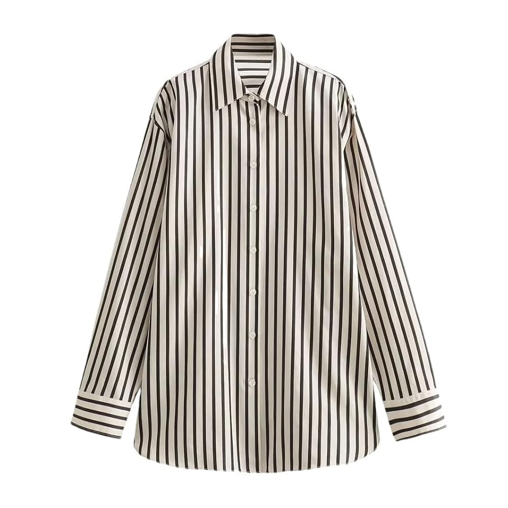 Rfmfkkg Women Striped Shirt Long Sleeves Turn-Down Collar Asymmetric Hem for Office Lady Blouse | Amazon (US)
