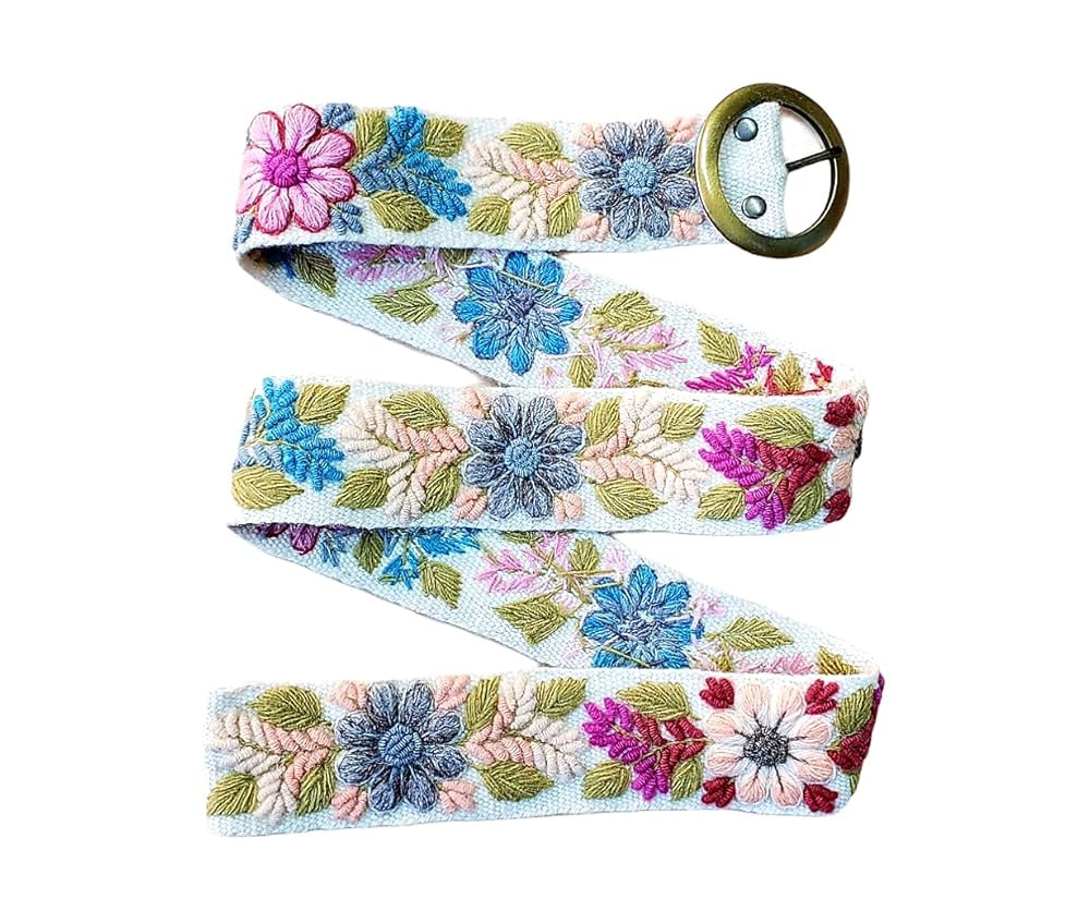 embroidered belt, wool peru belt, handmade embroidery, ivory strap, colorful flower, artistic flo... | Amazon (US)