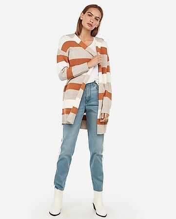 stripe ribbed hooded open cardigan | Express