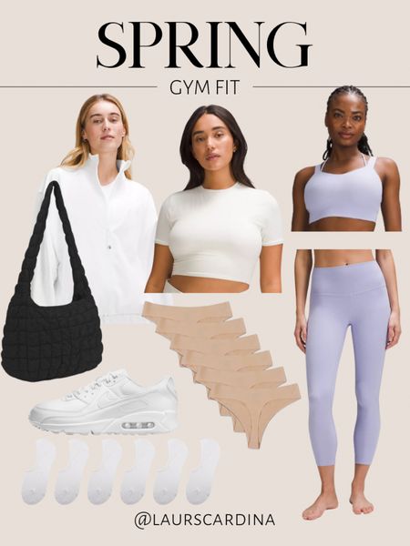 This spring gym fit includes a lilac sports bra and leggings, a white crew neck cropped tee, a white zip up lightweight jacket, quilted bag, nude thong underwear, no show socks, and white Nike sneakers. 

Athleisure, lululemon, workout outfit, yoga

#LTKfindsunder50 #LTKfitness #LTKstyletip