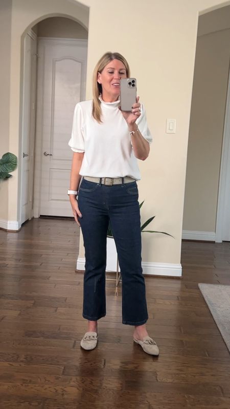 These are a favorite denim of mine. Pullon style. Stretchy. Kick flare. Very comfortable. They run snug. 
Super soft short sleeve sweater. Mock neck with ruffle. Lots of colors available! Woven bag is my favorite! 
Discount code for denim: CINDYXSPANX
Discount code for top: CINDY10

#LTKover40 #LTKitbag #LTKworkwear