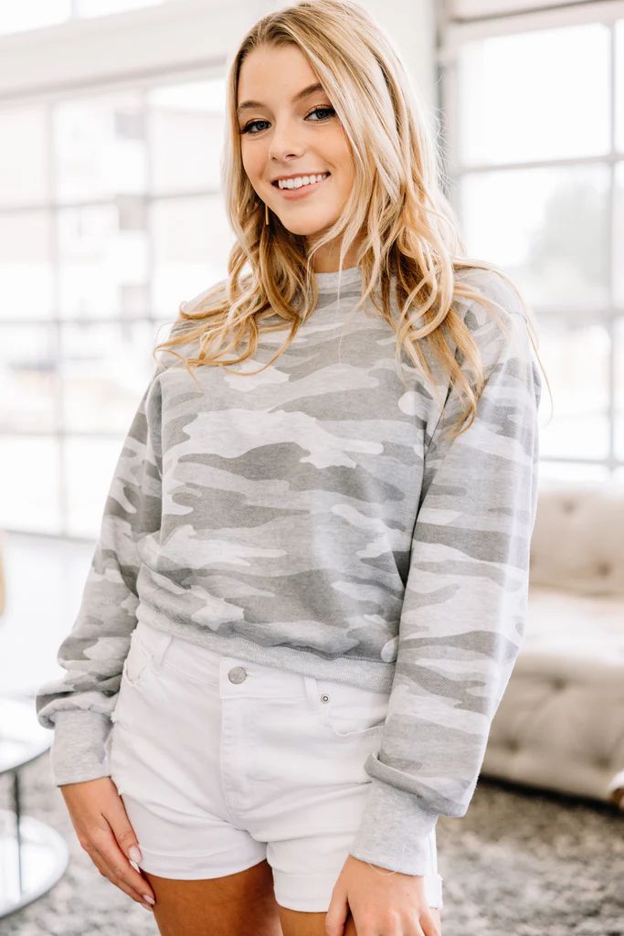 Make Yourself Happy Light Gray Camo Pullover | The Mint Julep Boutique