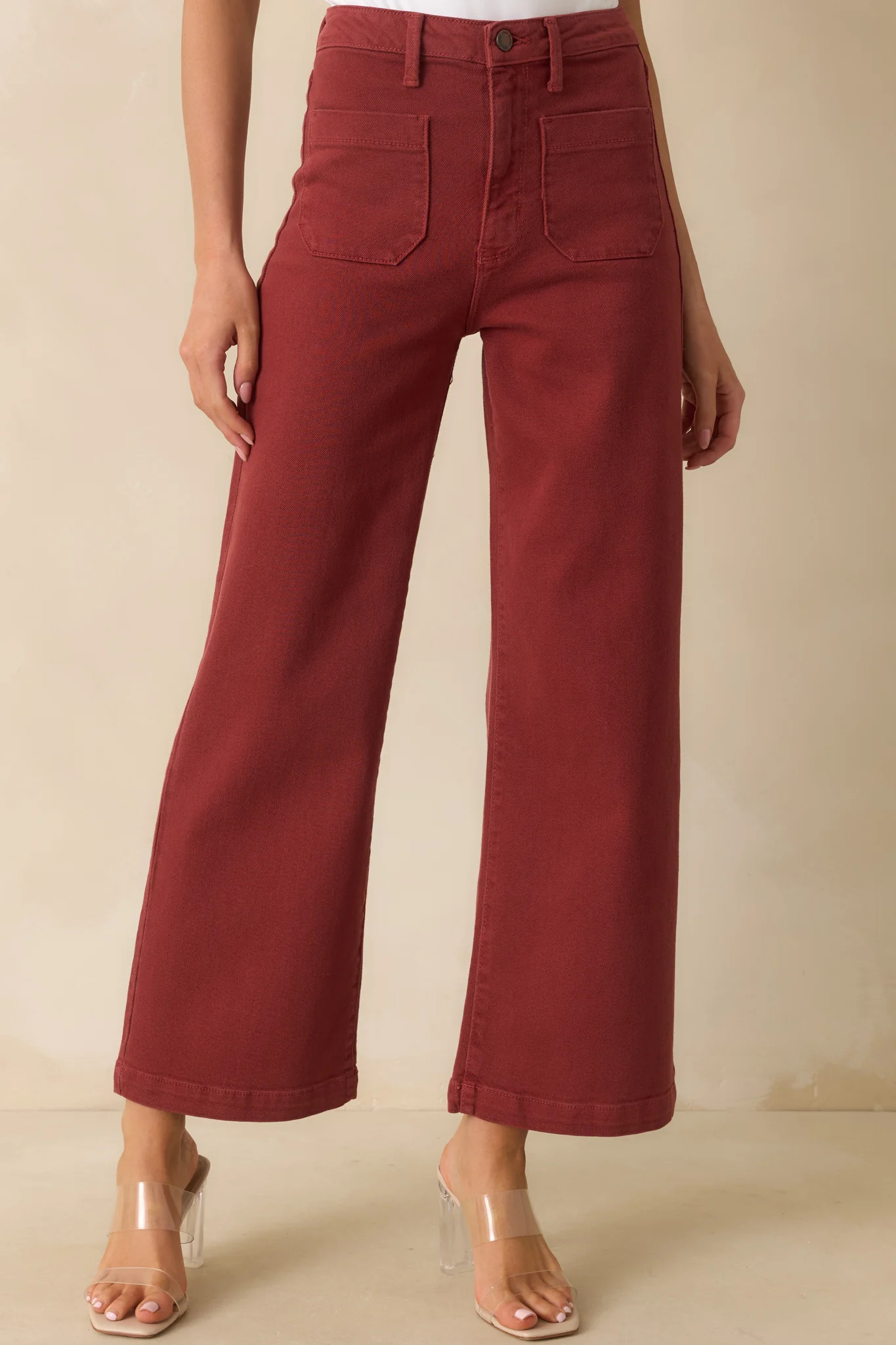 Right Where We Are Brick Red Cotton High Waisted Wide Leg Jeans | Red Dress
