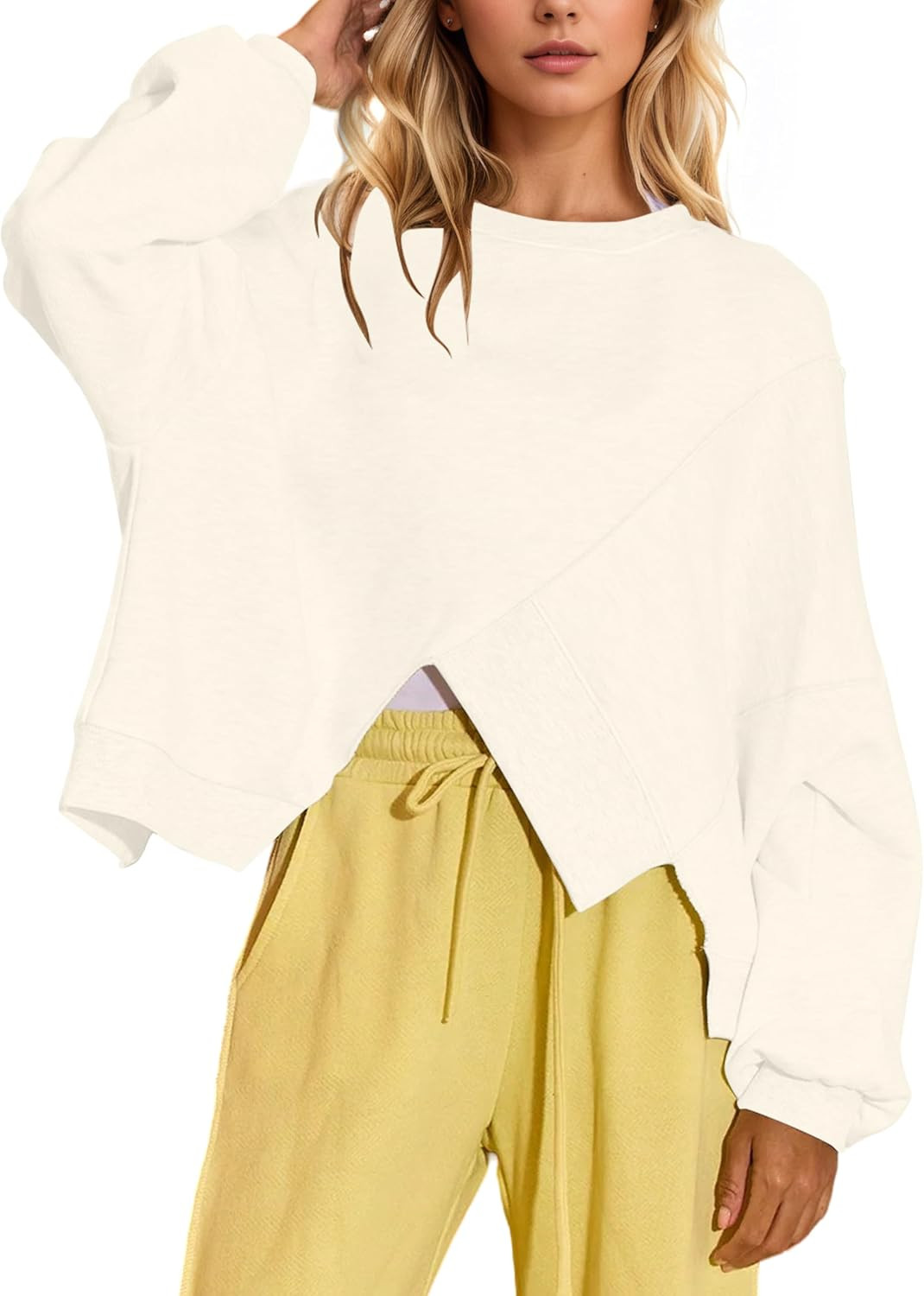 MISSACTIVER Women’s Crew Neck Cropped Sweatshirt Oversized Long Sleeve Ribbed Pullover Top Asymmetrical Hem Fall Outfit | Amazon (US)