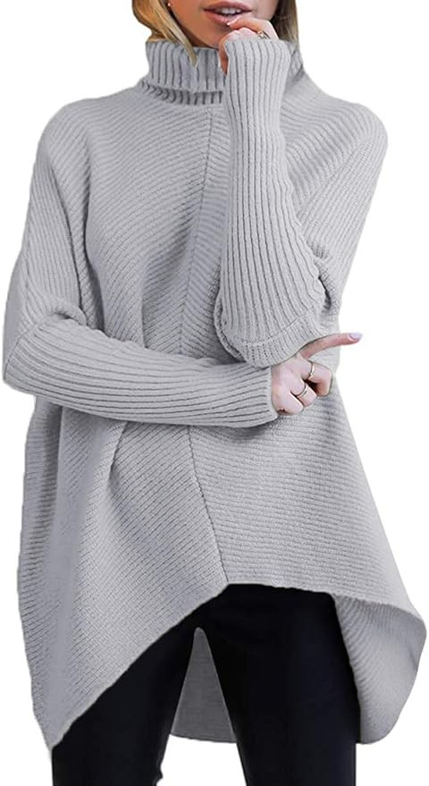 ANRABESS Womens Turtleneck Long Batwing Sleeve Asymmetric Hem Casual Pullover Sweater Knit Tops | Amazon (US)