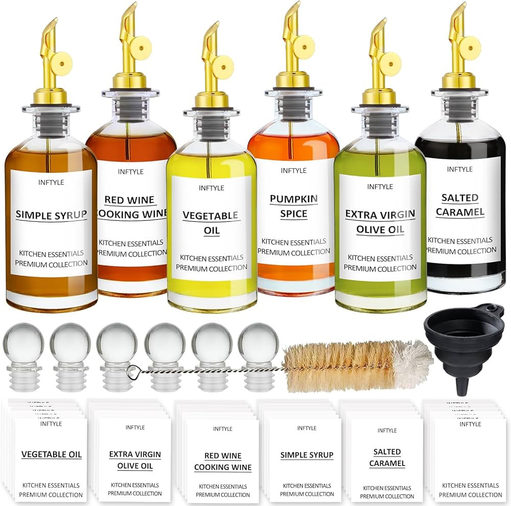 INFTYLE 12oz Olive Oil Dispenser Coffee Syrup Bottles Set of 6, Glass Cooking Oil and Vinegar Bot... | Amazon (US)