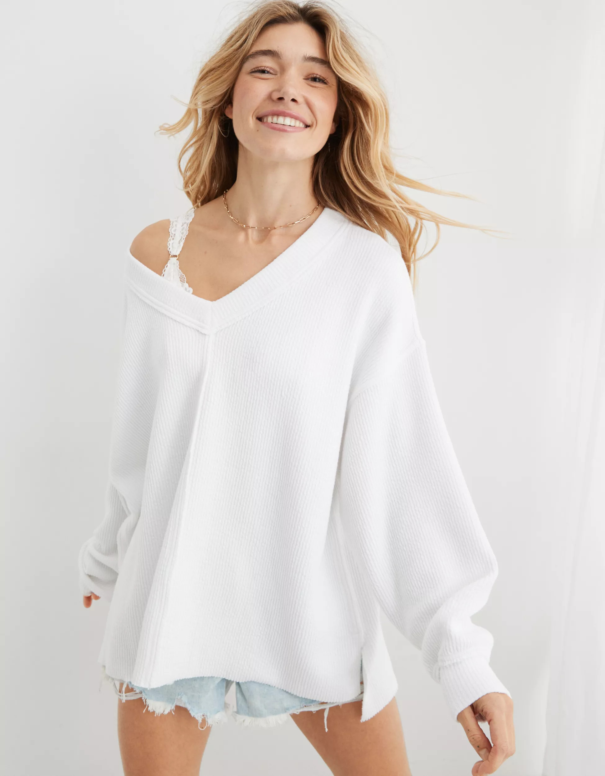 Aerie Wonder Textured V-Neck Sweatshirt | Aerie