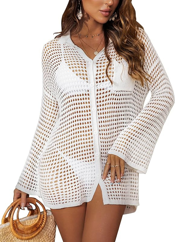 Blooming Jelly Women's Swimsuit Coverup Crochet Collared Button Down Beach Shirt Bathing Suit Cover  | Amazon (US)