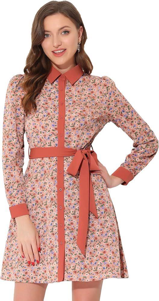 Allegra K Women's Contrast Collar Button Front Vintage Long Sleeve Floral Shirt Dress | Amazon (US)
