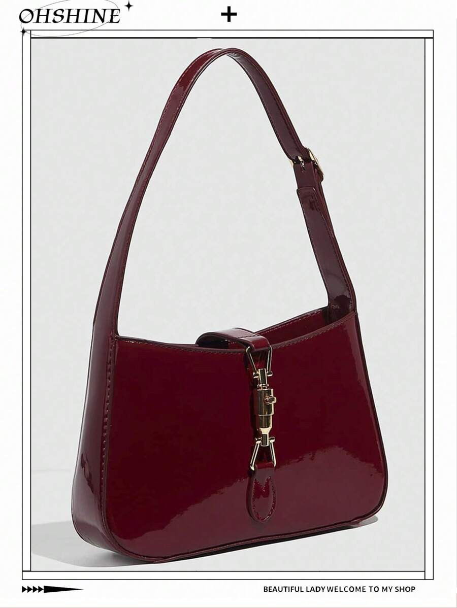 Burgundy Lacquered Leather Handbag, A Simple Lockup Square Bag, Shoulder Bag, Vintage Bordeaux Re... | SHEIN