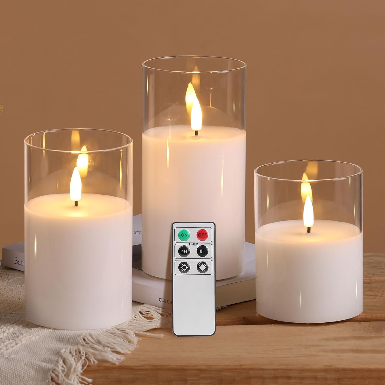Eywamage Clear Glass Flameless Candles with Remote Timer, Flickering Battery LED Pillar Candles S... | Amazon (US)