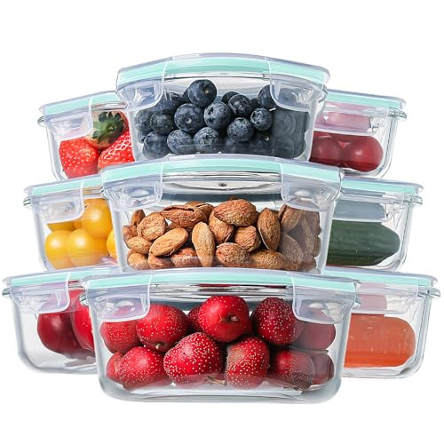 HOMBERKING Glass Food Storage Containers with Lids, [18 Piece] Glass Meal Prep Containers, Airtight Glass Lunch Bento Boxes, BPA-Free & Leak Proof (9 lids & 9 Containers) - Blue | Amazon (US)