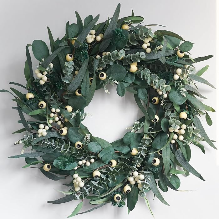 Wreaths for Front Door 26 Inch, All Season Greenery Wreath Olive Eucalyptus Leaves and White Mixe... | Amazon (US)