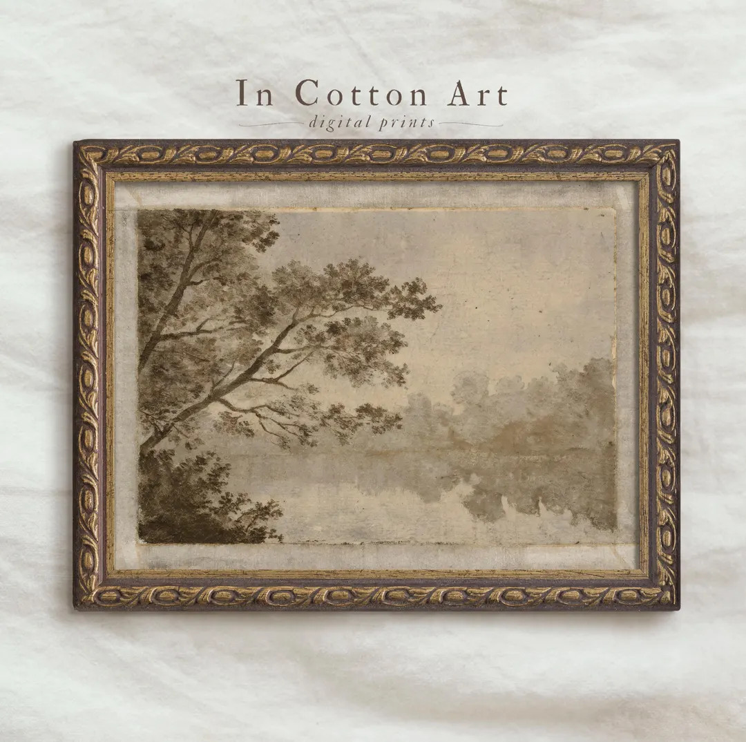 Vintage Style Tree Landscape Wall Art PRINTABLE, Antique Sepia Nature Drawing, Rustic Lake House ... | Etsy (US)