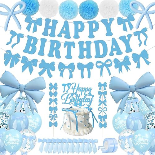 Blue Bow Birthday Party Decorations,Coquette Birthday Decorations, Girls Bow Party Supplies Includes Blue Bow Balloons Banner Garland Cake Toppers and Satin Ribbon Bows for Bow Themed Party Decor | Amazon (US)