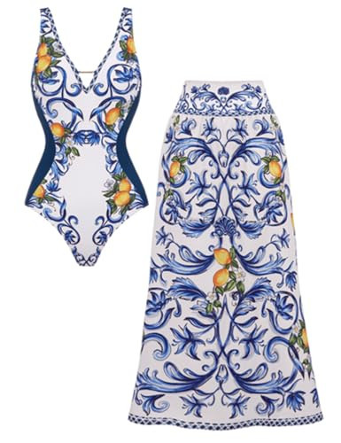 FLAXMAKER Womens Adjustable Strap V-Neck Bathing Suits with Lemon Print Swimsuit and Skirt/Short Skirt (US, Alpha, Medium, Regular, Regular, Blue #1 Swimsuit and Skirt) | Amazon (US)