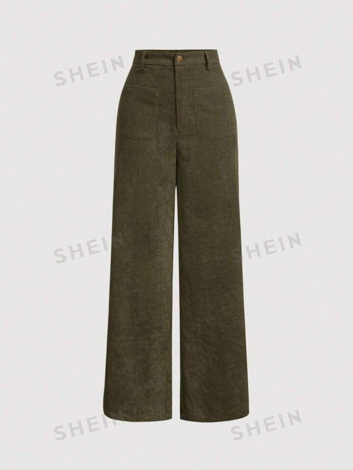 SHEIN MOD Green Retro Solid Corduroy Wide Leg Pants | SHEIN