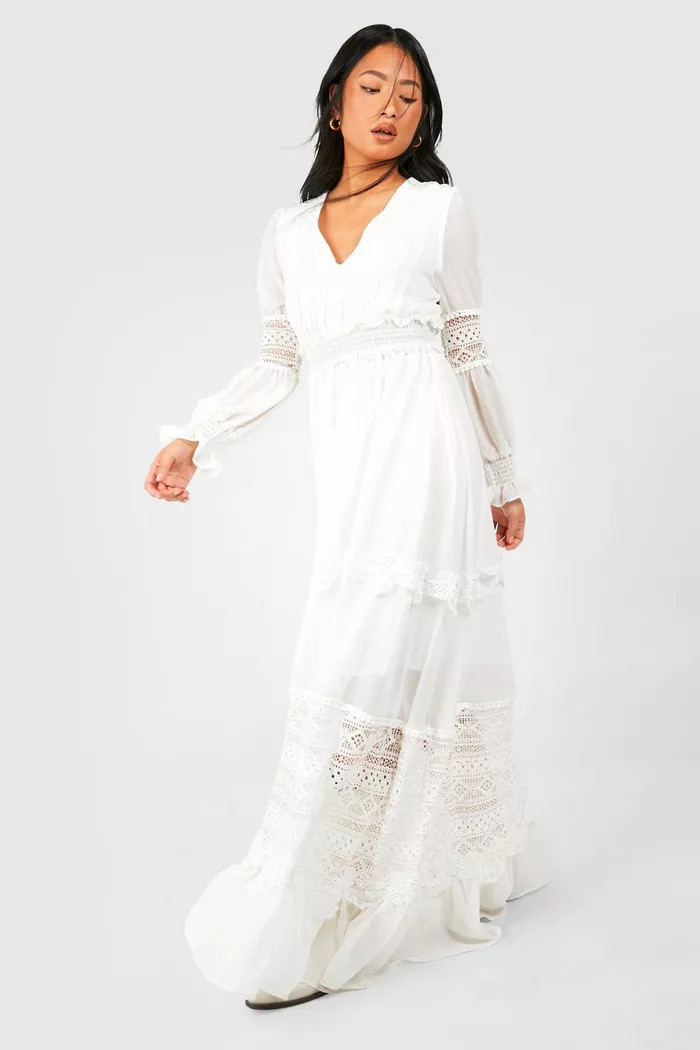 Petite Boho Lace Detail Tierred Maxi Dress | Boohoo.com (UK & IE)