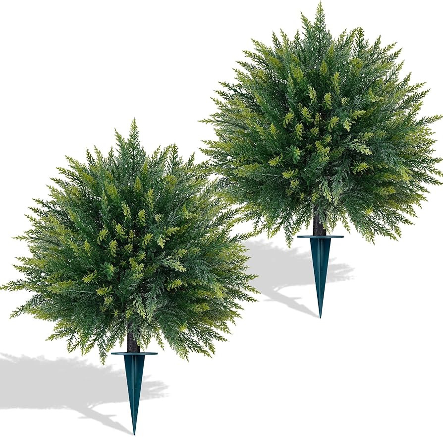 Yangrass 2PCS Artificial Cedar Topiary Ball Trees 23" for Outdoors with Ground Spike, UV Resistan... | Amazon (US)