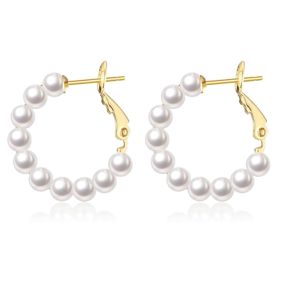 CERSLIMO Pearl Hoop Earrings for Women - 3 Pairs 14K Gold Plated & Sterling Silver Post Big Large... | Amazon (US)