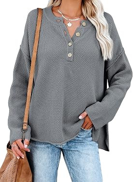 SHEWIN Women's Waffle Knit V Neck Sweater Casual Long Sleeve Side Slit Button Henley Pullover Jum... | Amazon (US)