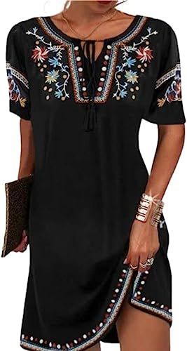 Melliflo Womens Short Sleeve Mexican Dress Tie Front V Neck Midi Dress Floral Pattern Peasant Dre... | Amazon (US)