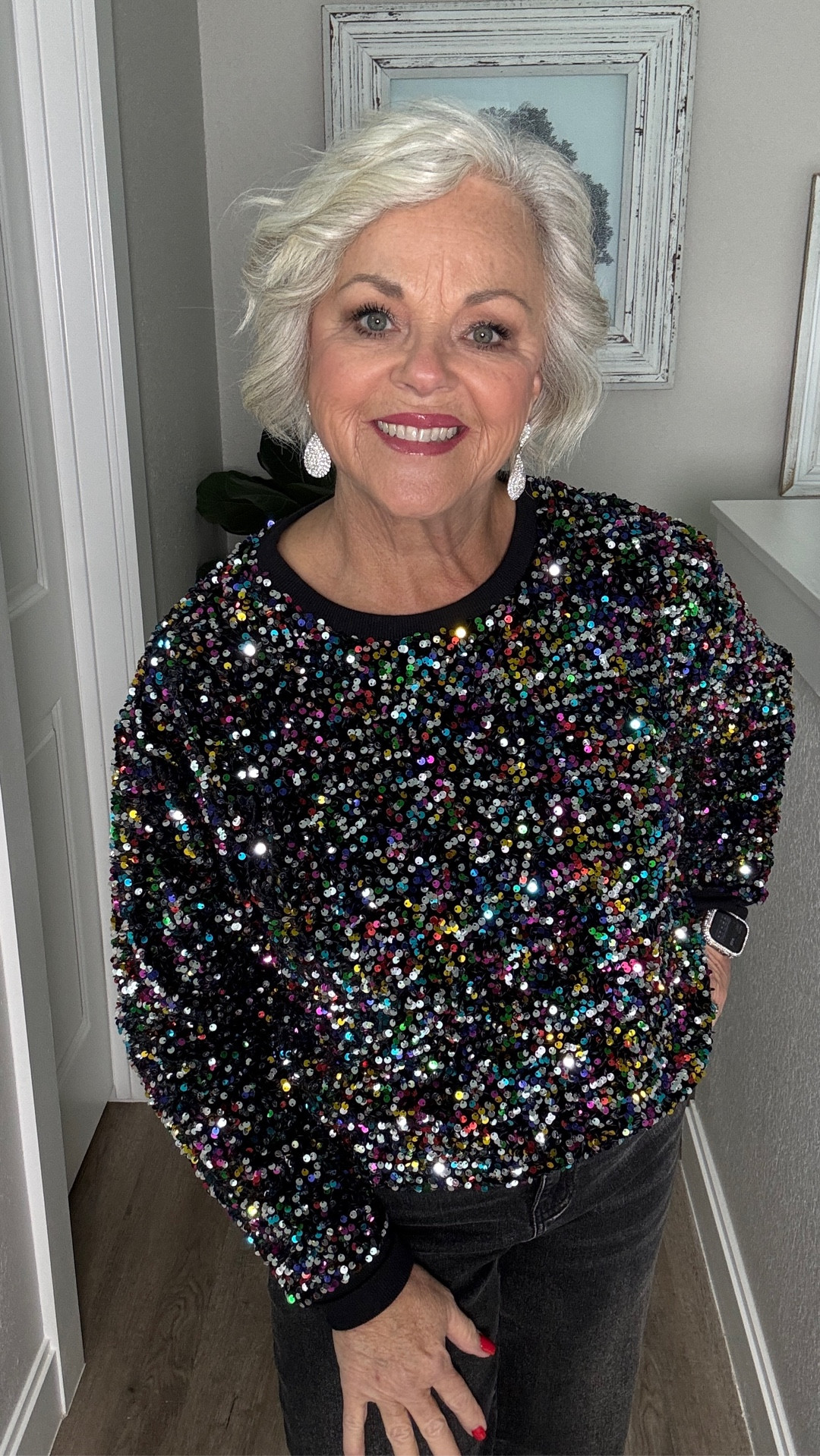 If sparkle season had a spokesperson, it would be me ✨"
"I’m here for all the sparkles this season brings. This affordable sequin top can go glam or casual, and today I’m pairing it with jeans for the perfect dressed-up-but-still-easy look. They say diamonds are a girl’s best friend… but give me ALL the sequins. And the best part? The inside is buttery soft—zero scratchiness!" 
#holidayfashion ##holidaystyle 

#LTKOver40 #LTKHoliday #LTKMidsize