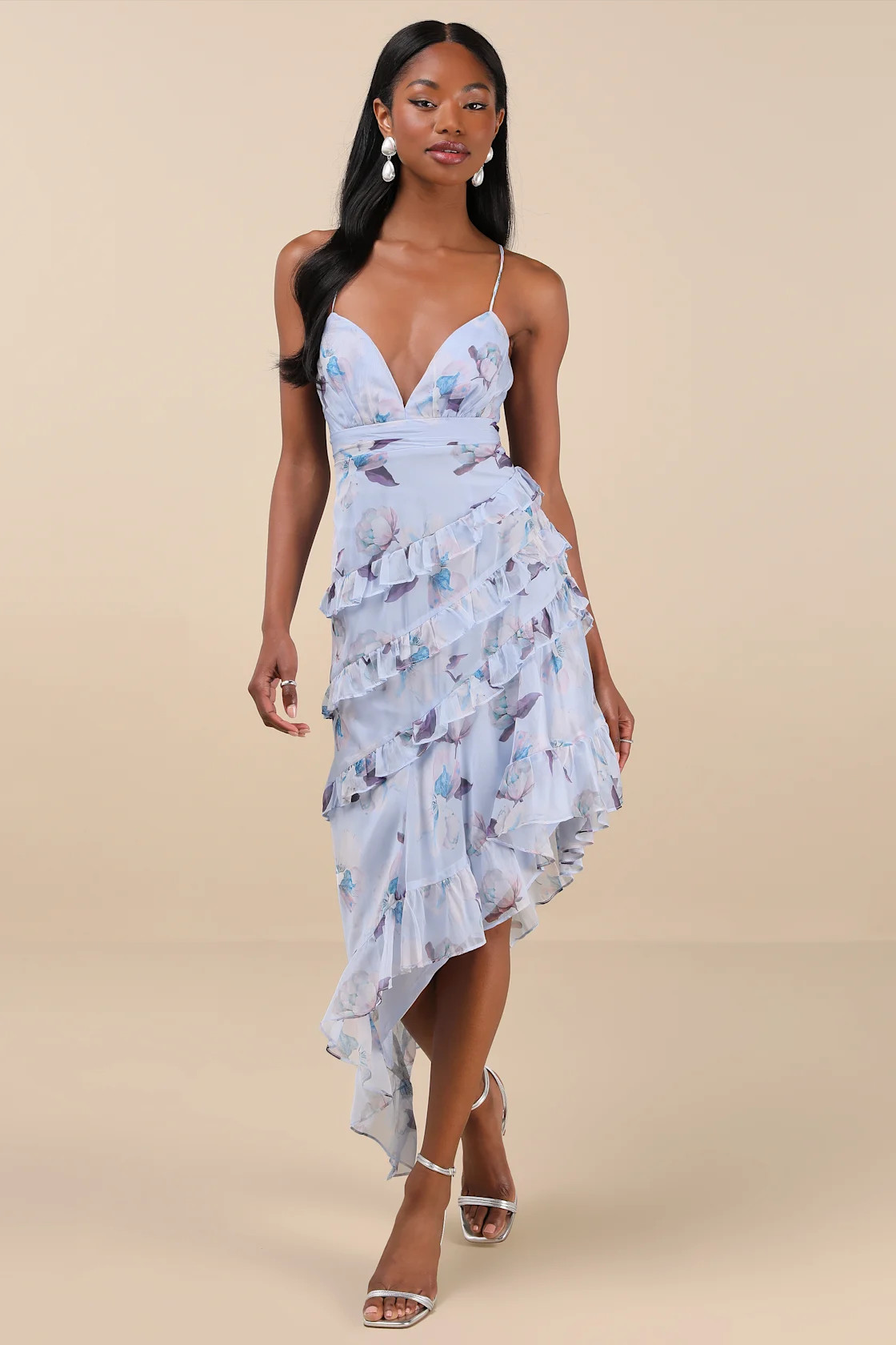 Saveria Light Blue Floral Ruffled Asymmetrical Maxi Dress | Lulus