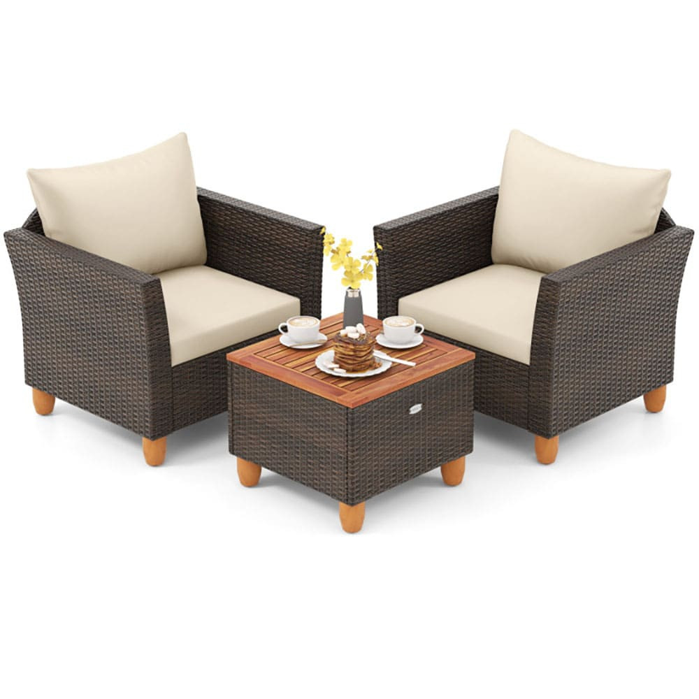 GZMR 3 Pieces Patio Rattan Bistro Furniture Set 3 -Piece Patio Conversation Set with Off-white Beige Cushions one_size | GZ-A0001SF8B | Lowe's