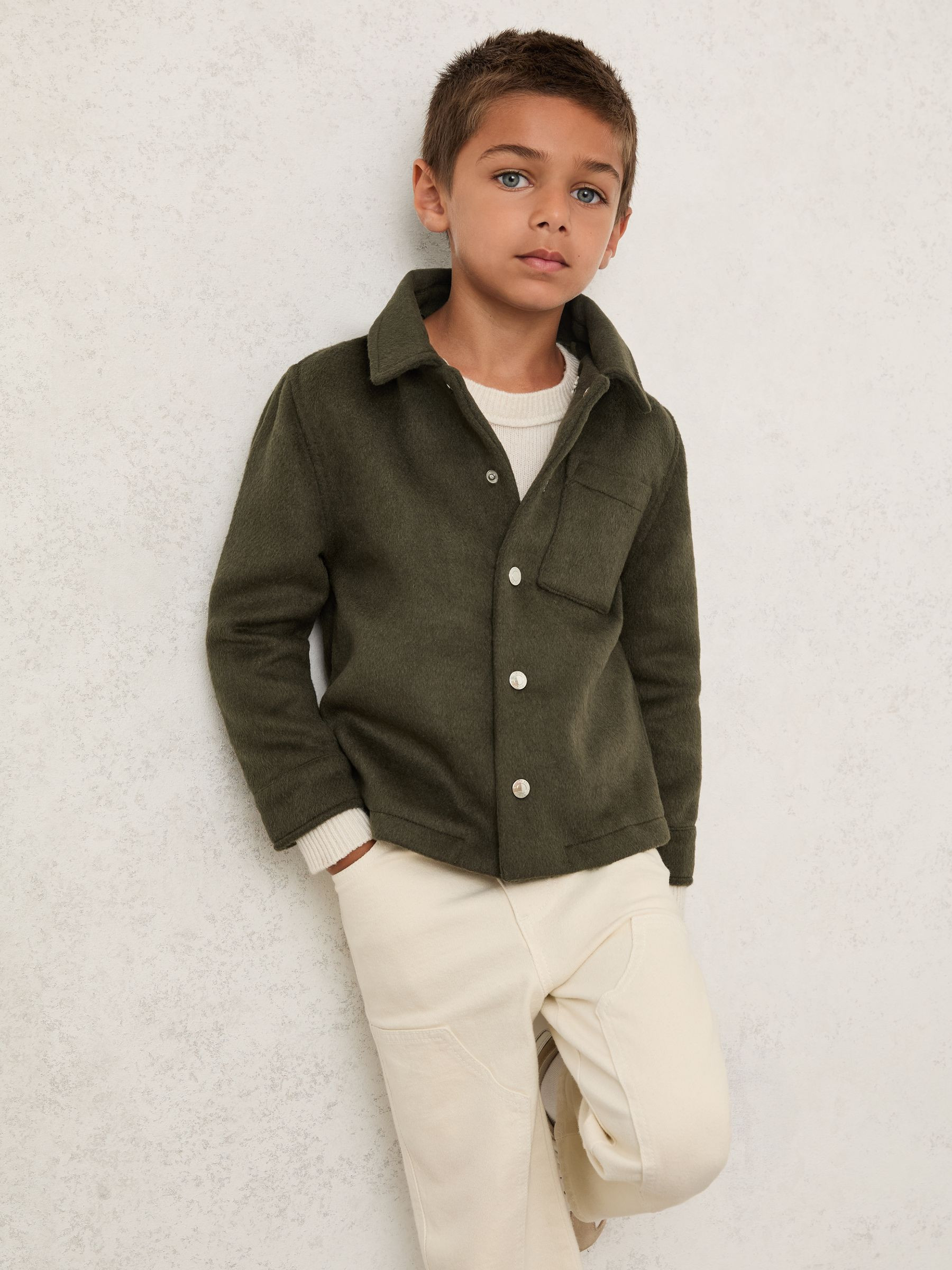 Wool-Blend Detachable-Hood Overshirt in Dark Sage Green | Reiss US