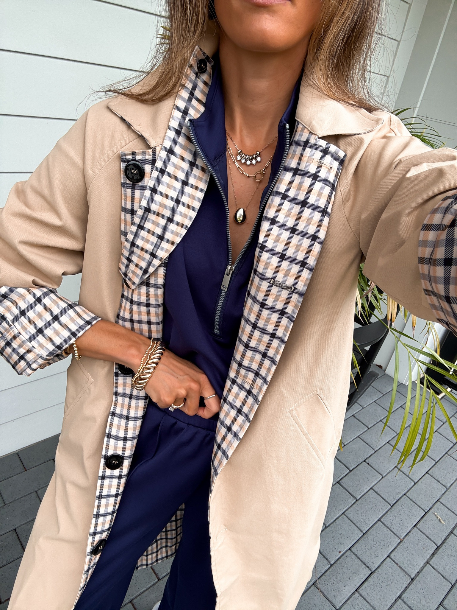 Scroll to shop. Wearing a small two piece set and reversible trench coat. Follow for more.