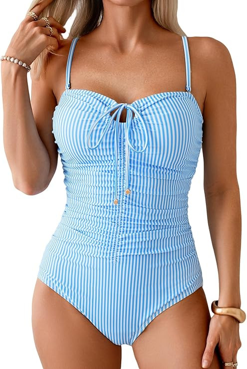 Women's Tummy Control One Piece Swimsuit Floral Print Ruched Tie Front Bathing Suit Slimming Reso... | Amazon (US)