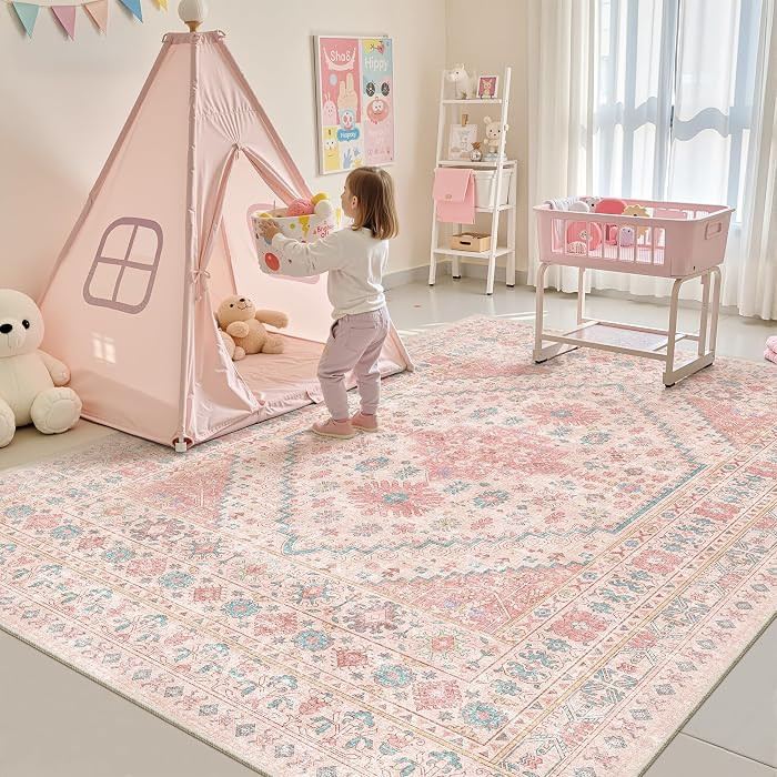 zesthome 6x9 Washable Rugs for Baby Girl, Super Soft Pink Rugs for Nursery Room, Non-Slip Stain R... | Amazon (US)