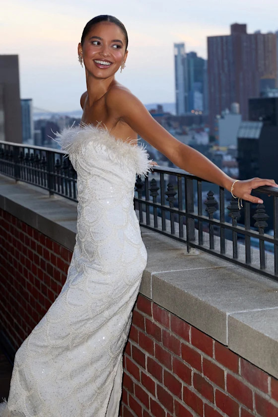 Uniquely Confident Cream Lace Feather Strapless Midi Dress | Lulus