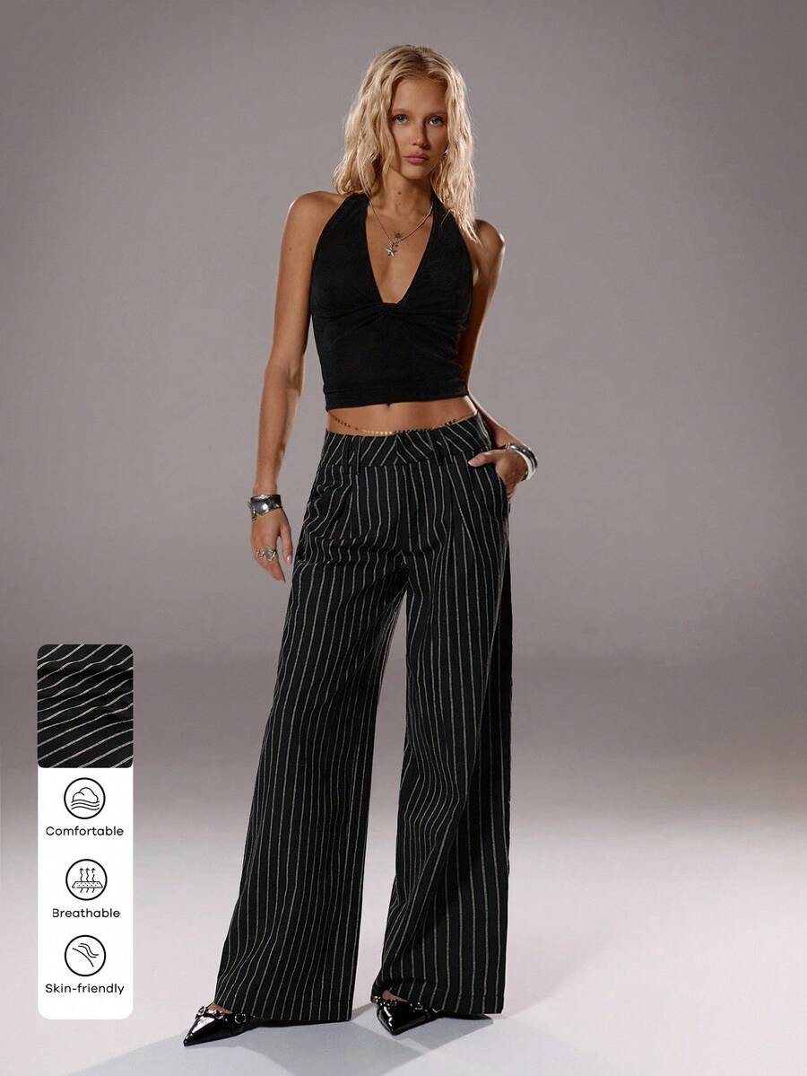 TRNVIE Women's Casual Wide Leg Striped Pants, Fashionable Street Style Super Low Waist With Belt ... | SHEIN