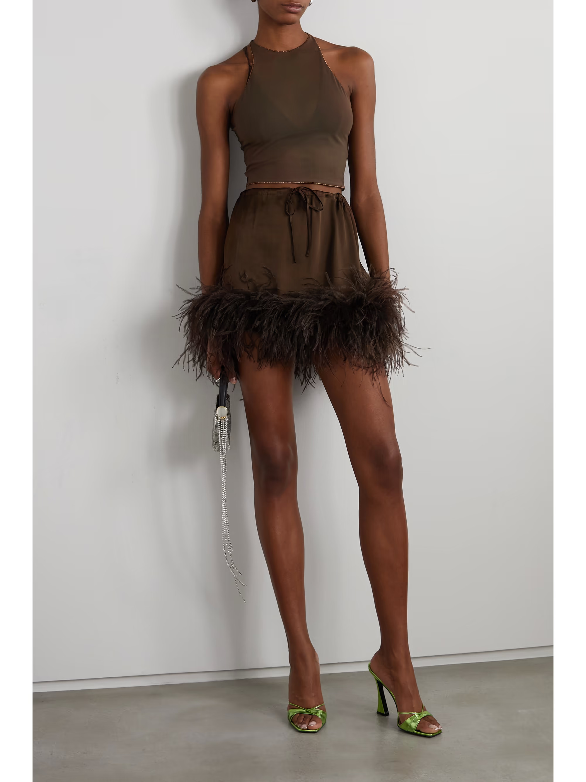 Marron Mini-jupe en satin à plumes | OSÉREE | NET-A-PORTER | NET-A-PORTER (UK & EU)