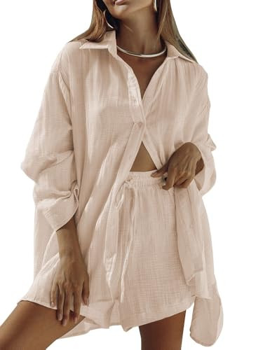 Fixmatti Women 2 Piece Casual Tracksuit Outfit Sets Long Sleeve Shirt And Loose High Waisted Mini Shorts Set Apricot S | Amazon (US)