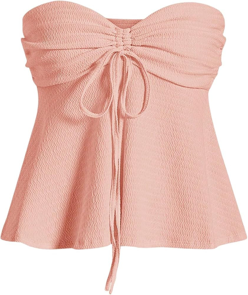 Milumia Women Tie Front Ruched Tube Top Y2k Summer Strapless Peplum Tops Babydoll Flowy Tops | Amazon (US)