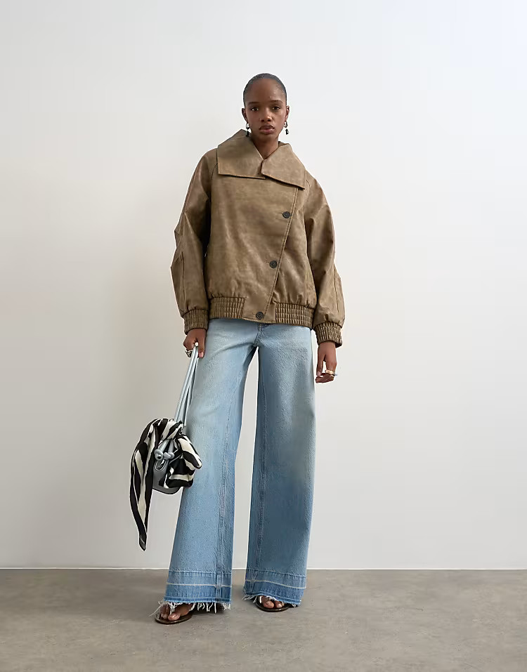Topshop faux leather asymmetric oversized bomber with funnel neck in washed brown | ASOS (Global)