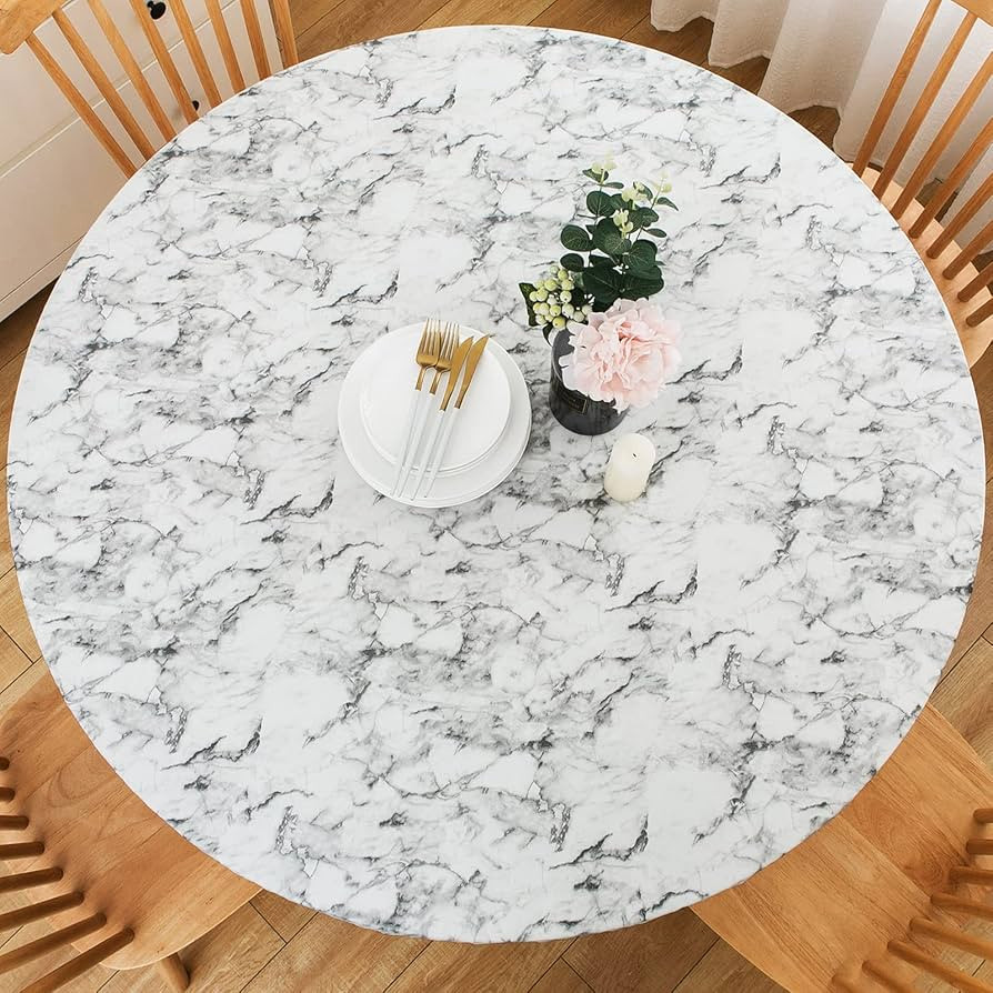 LIBERECOO Round Vinyl Fitted Tablecloth with Flannel Backing Elastic Edge Table Cover Waterproof ... | Amazon (US)