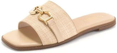 Rihero Women's Flat Sandals Summer Comfortable Square Open Toe Slip On Leather Slide Sandals | Amazon (US)