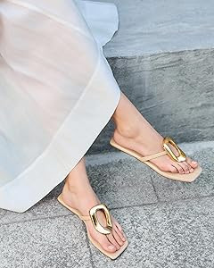 Coutgo Womens Flat Sandals Comfortable Flip Flops Slide Sandals Summer Beach Shoes with Metal Dec... | Amazon (US)