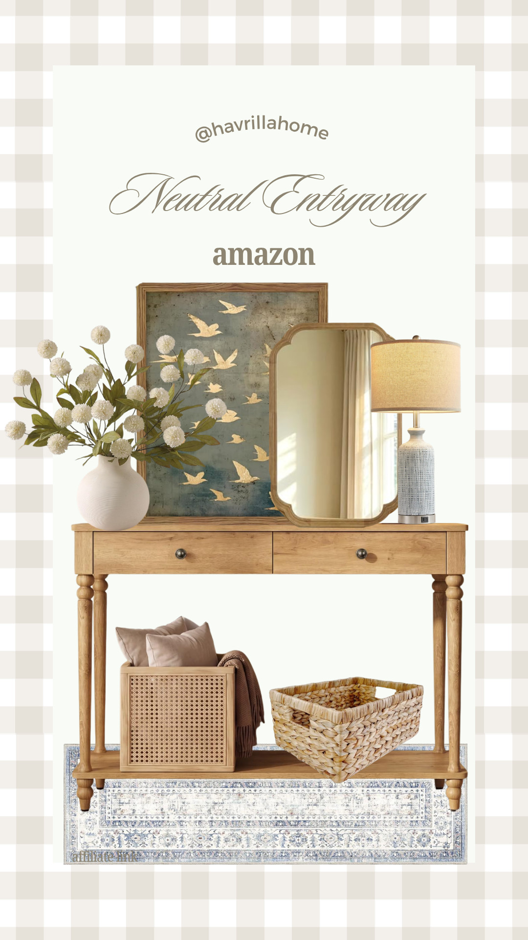 Amazon Neutral Entryway, entryway table decor, neutral entryway ideas, console table styling, Amazon home decor, decorative mirror, framed artwork, faux floral arrangement, woven storage baskets, blue runner rug, entryway organization, modern farmhouse decor, organic modern home, welcoming entryway, neutral decorating ideas, home styling inspiration

#LTKHome