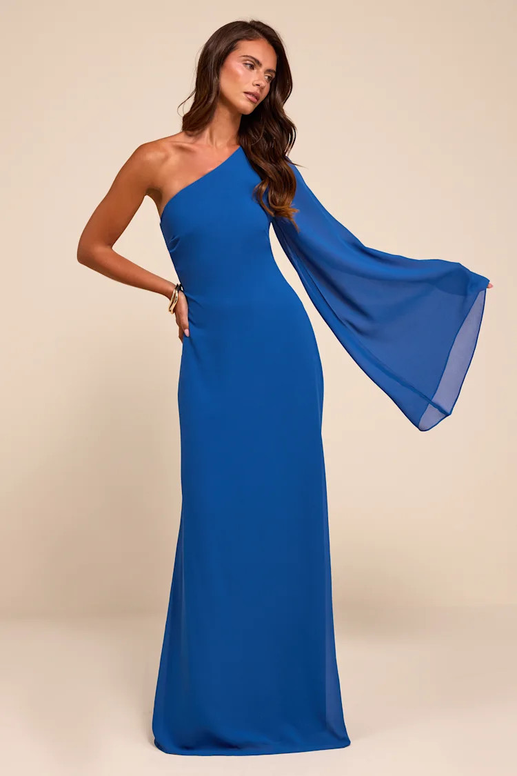 Elizabeth Blue One-Shoulder Bell Sleeve Maxi Dress | Lulus