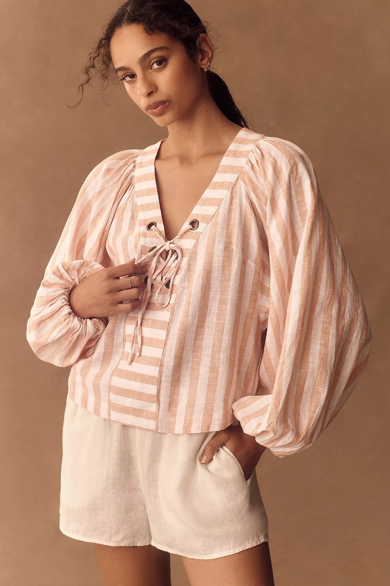 By Anthropologie Linen Dolman Lace-Up Blouse | Anthropologie (US)