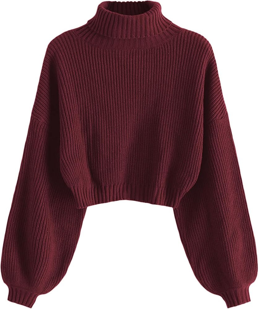 ZAFUL Women's Cropped Turtleneck Sweater Lantern Sleeve Ribbed Knit Pullover Sweater Jumper | Amazon (US)